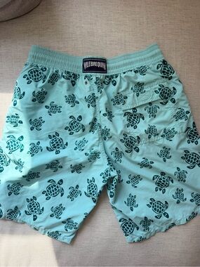 Vilebrequin Light Green Swim Trunks with Dark Teal Turtle Print